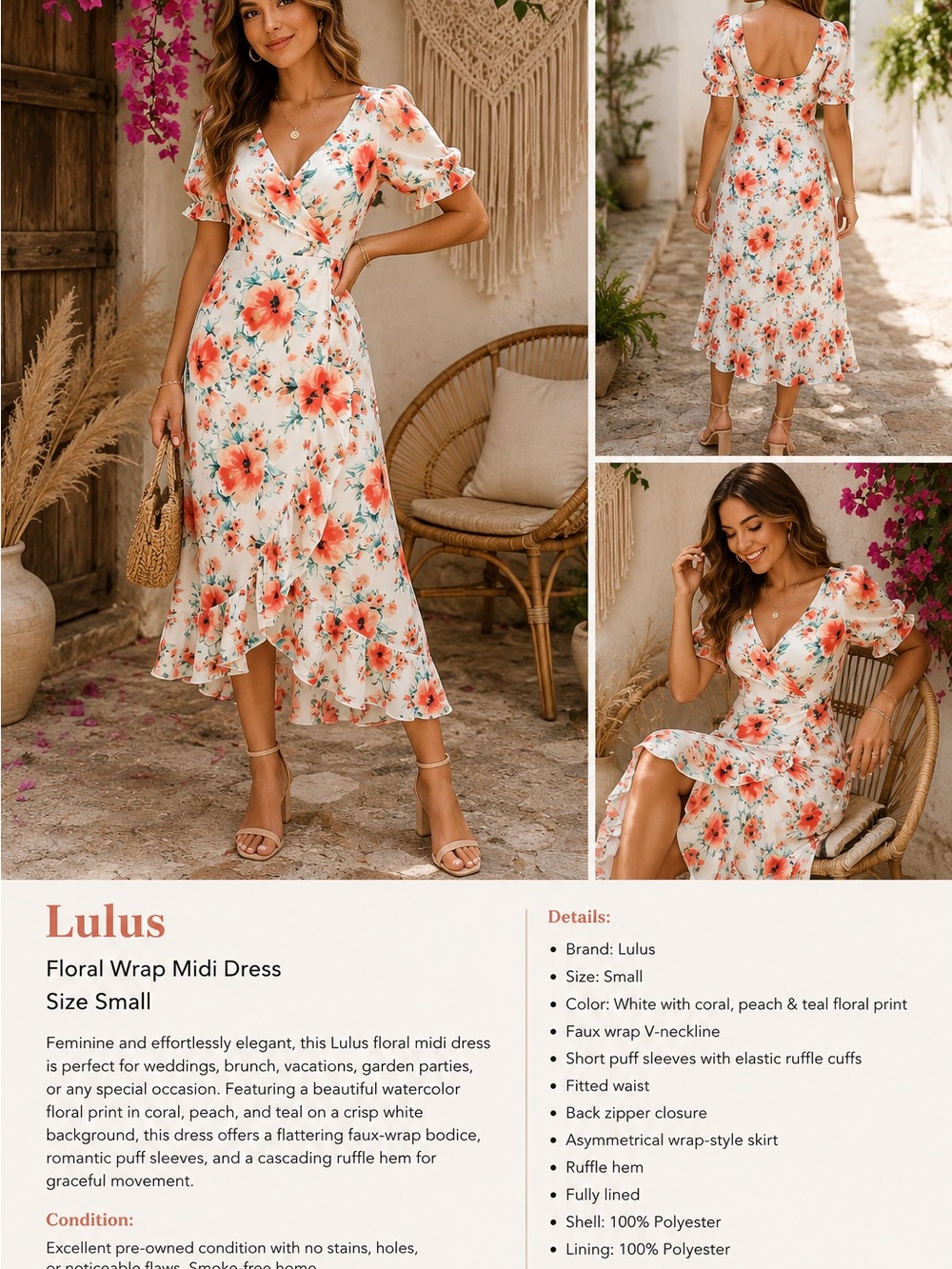 Lulu's White Midi Dress with Coral & Teal Floral Print
